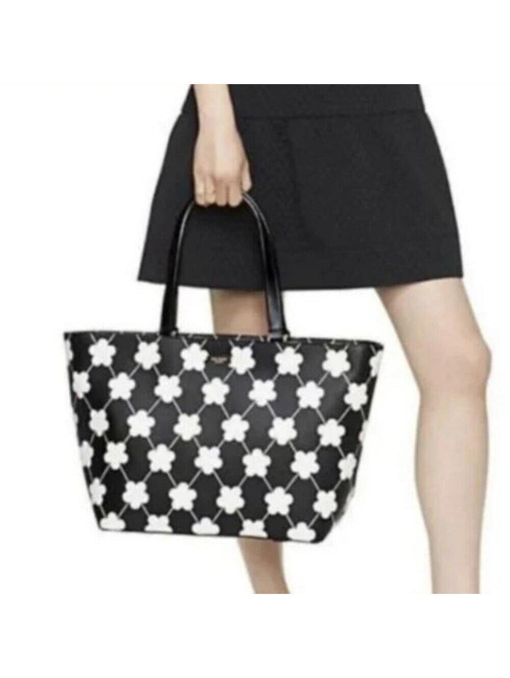 KATE SPADE Black Ivory Floral Grant Street Jules Leather Tote Large Shoulder Bag